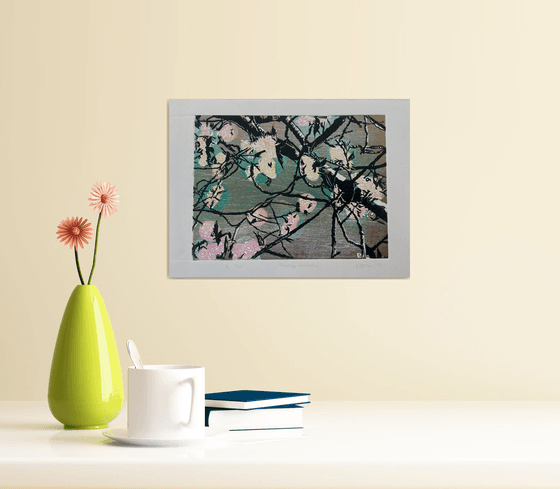 Blossoming Inclinations - Spring Blossom Contemporary Linocut Print