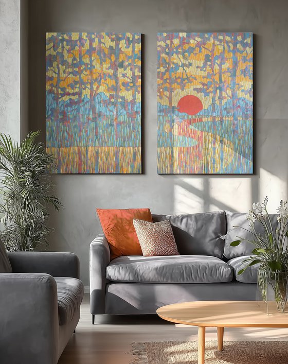 Sunset on the River. Diptych