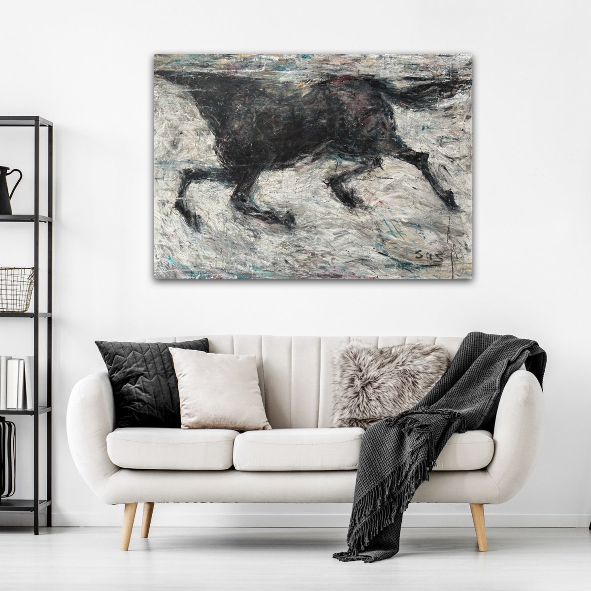 Abstract Animal Acrylic Painting By Liubou Sas, 47 X 33", Running On Water, Original Artwork