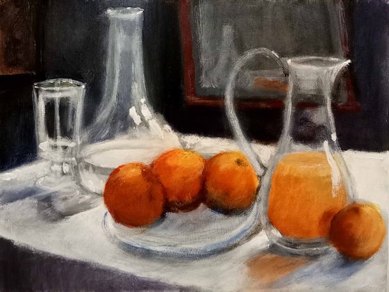 Still life with Glassware and Oranges