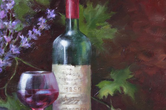 Still life with lavender, wine and cheese