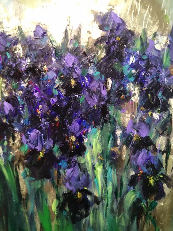 Blue Irises , Original Acrylic Impasto  Painting with Gold