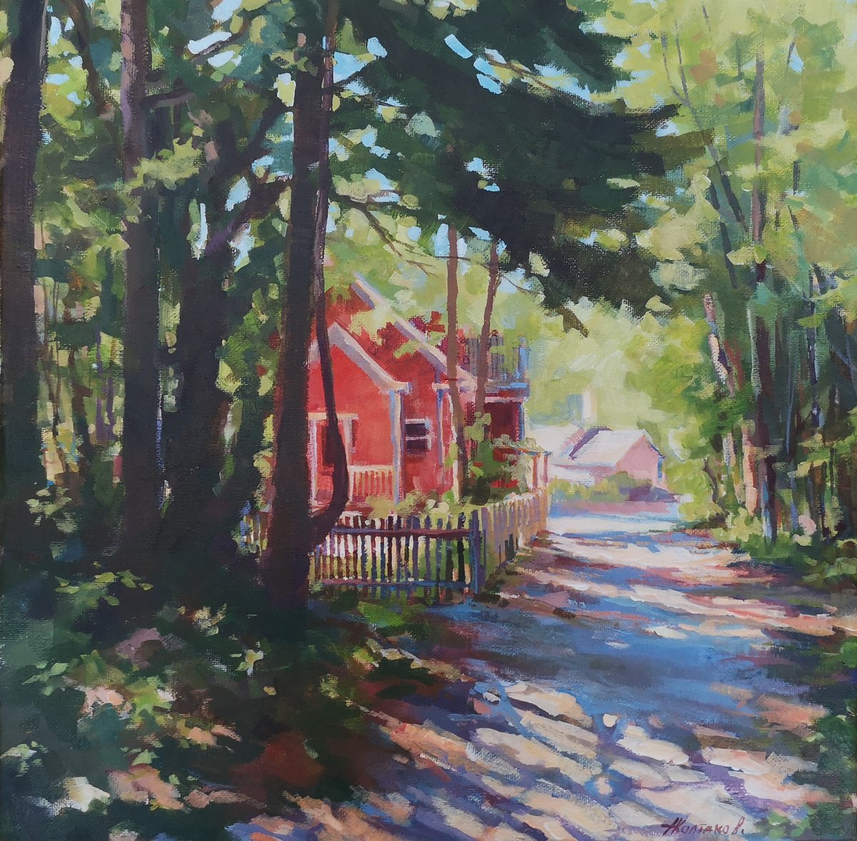 Impressionistic Cityscapes Acrylic Painting By Alexander Koltakov, 14 X 14, Shady Street, Original Artwork