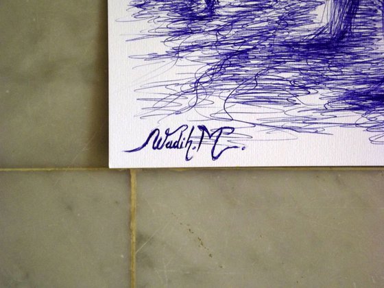 A NICE DEEP WALK - SEASIDE GIRL - Blue ink drawing on paper - 20.5x30cm