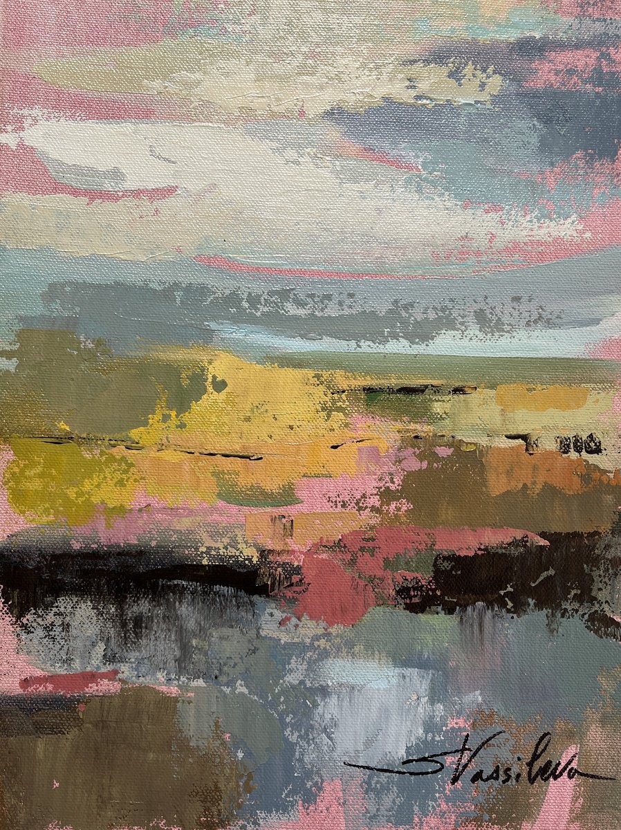 Abstract Landscape Acrylic Painting By Silvia Vassileva, 9 X 12", Sunny Sky Ii, Original Artwork