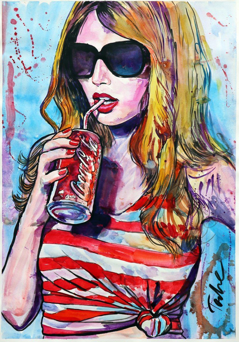 Urban And Pop Portrait Ink Drawing By Tashe, 20 X 28", Cocky Girl, Original Artwork