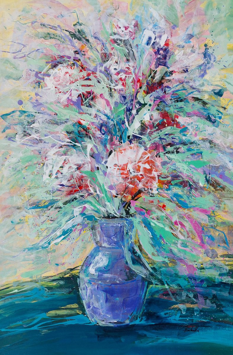 Impressionistic Botanical Acrylic Painting By Katia Solodka, 18 X 30", Flowers In Vase 5. Morning, Original Artwork