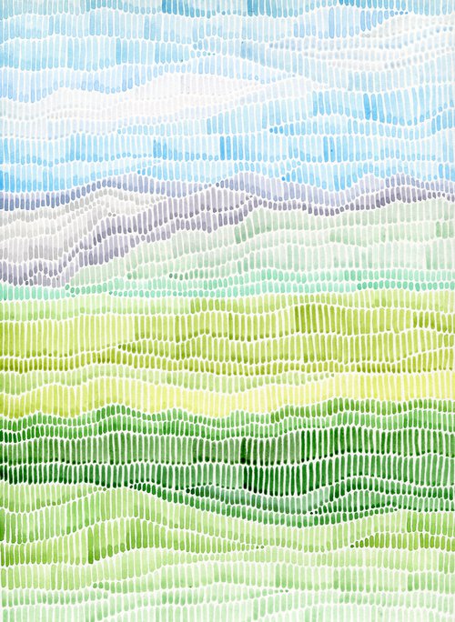 Original watercolor abstract landscape of green meadow by Liliya Rodnikova