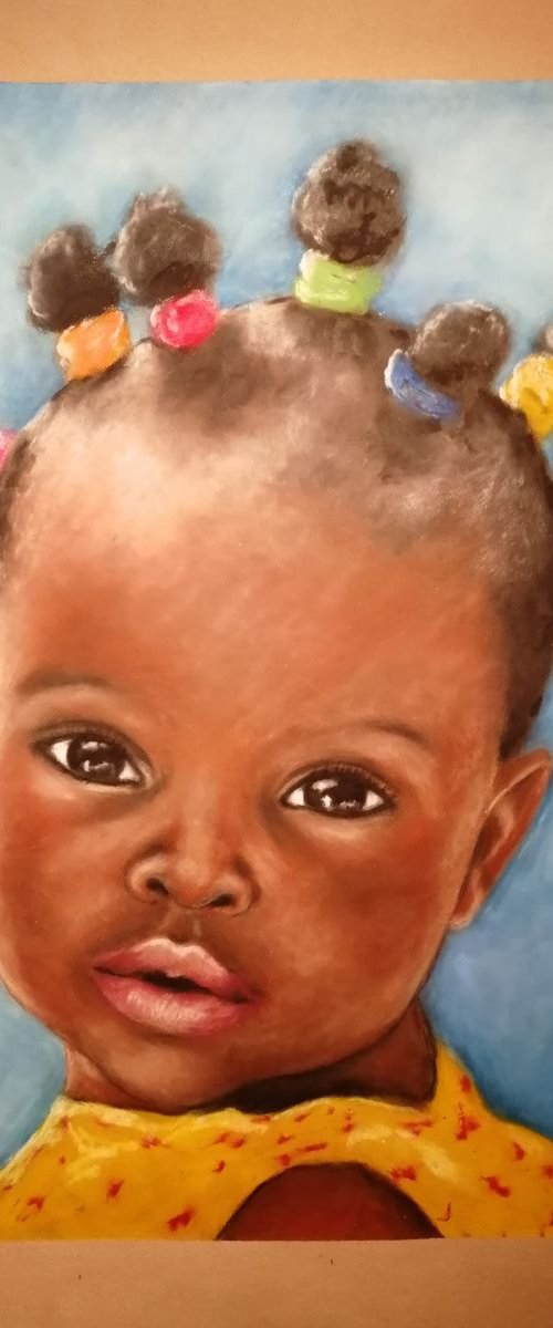 African baby girl - original oil pastel portrait painting by Mateja Marinko