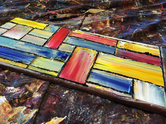 "Candy Crush" - Original PMS Abstract Oil Painting On Reclaimed Wood - 26" x 7.5"