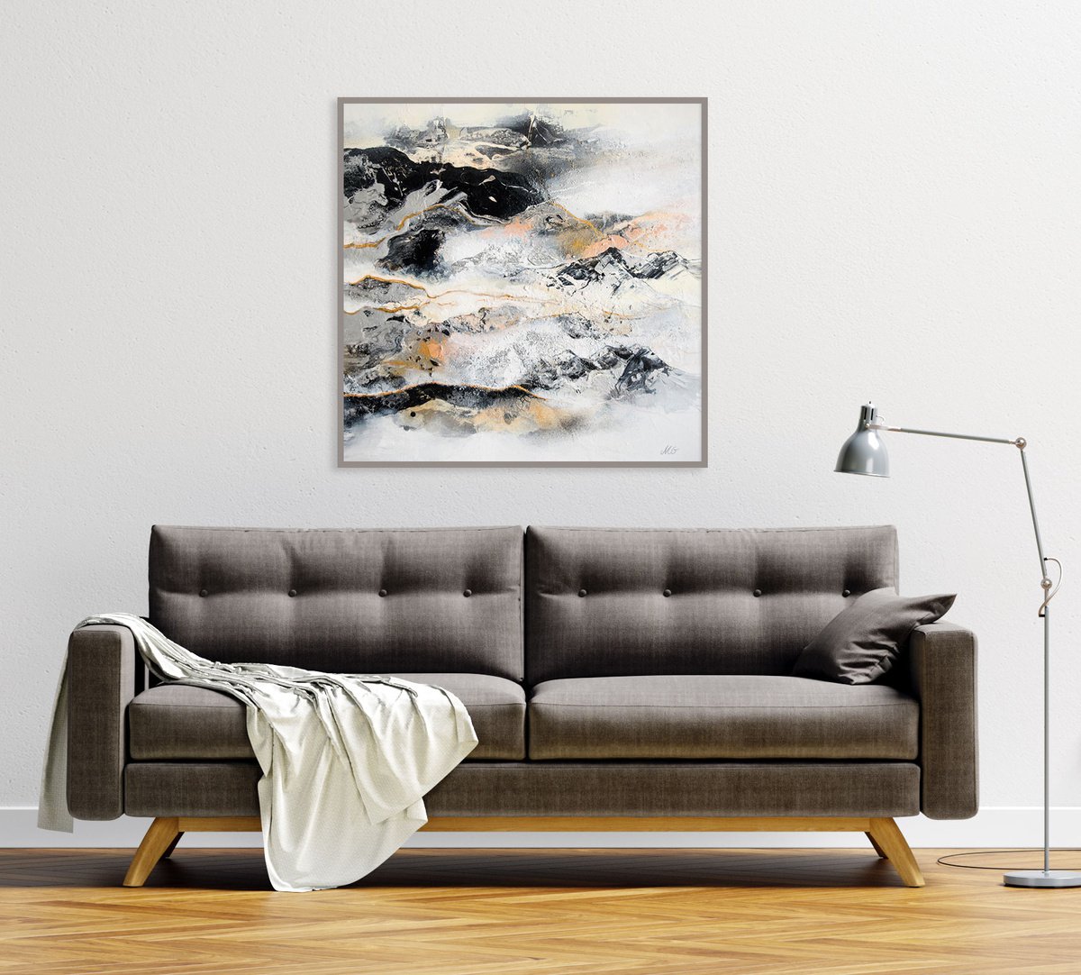 Abstract Landscape Painting By Milena Gaytandzhieva, 28 X 28", Achromatic View, Original Artwork