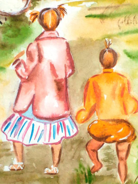 Sisters Painting Kid Original Art Girls and Gooses Small Watercolor Artwork 8 by 12 inches