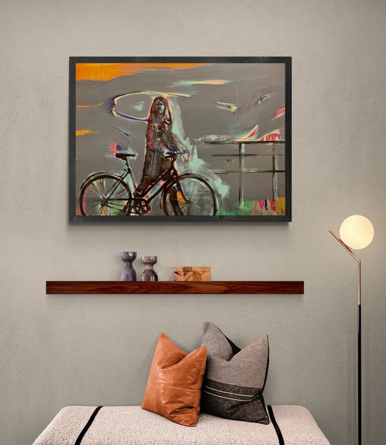 Big painting - "Autumn" - Girl - Bikes - Bicycle - Pop Art - Urban