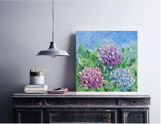 Blue and Pink Hydrangeas - Impasto Floral Acrylic Painting