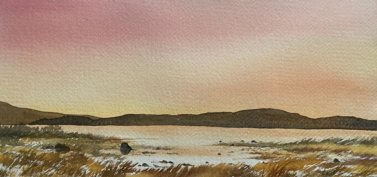 Impressionistic Landscape Watercolour By Silvie Wright, 14 X 7", Sunset On A Lake, Original Artwork