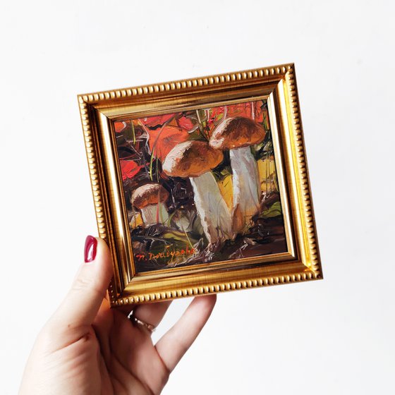 Mushrooms red painting original oil small framed art, artwork Orange-cap boletus Mushroom gift cute little painting