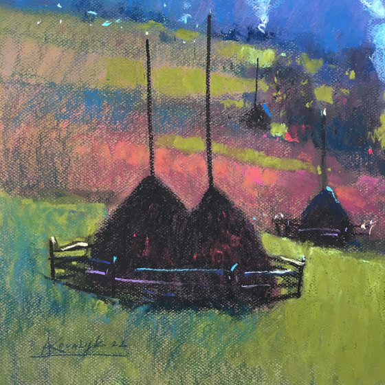 Ukrainian landscape Haystacks in Carpathian Mountains Soft pastel 19.6x19.6 inch (50x50 cm)