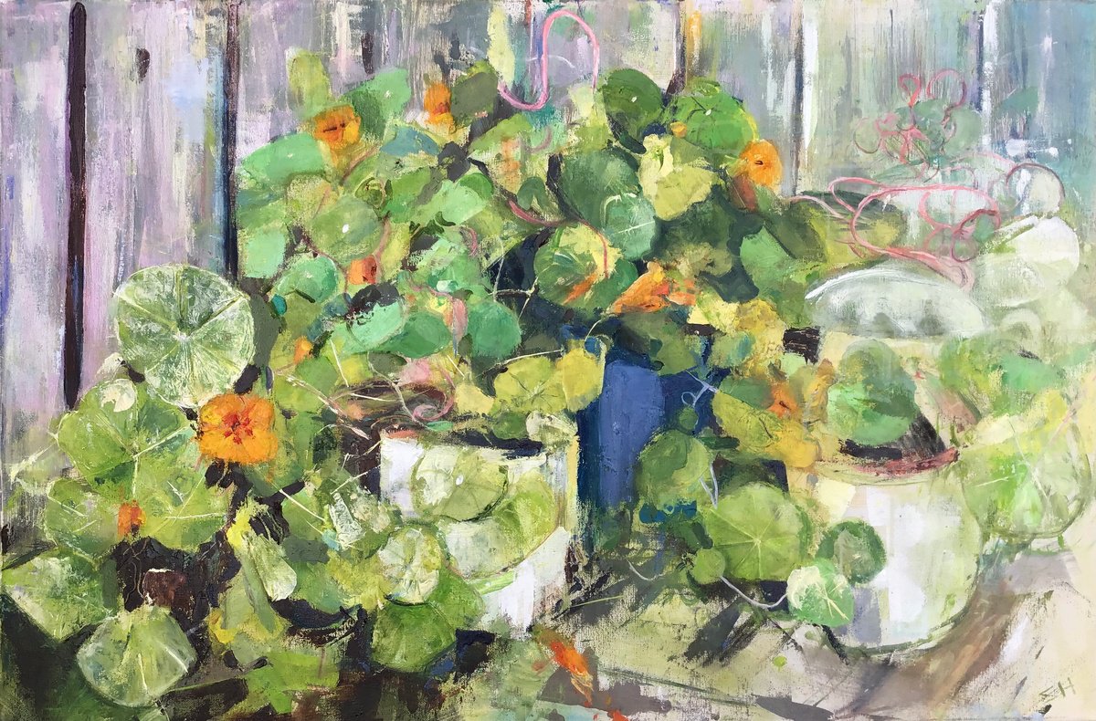 Impressionistic Botanical Oil Painting By Sandra Haney, 35 X 24", Nasturtiums #2, Original Artwork