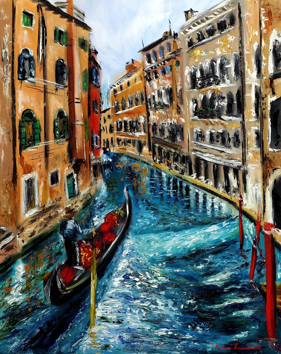 Impressionistic Cityscapes Oil Painting By Ruslana Levandovska, 24 X 30", Gondola In Venice, Italy Ii, Original Artwork