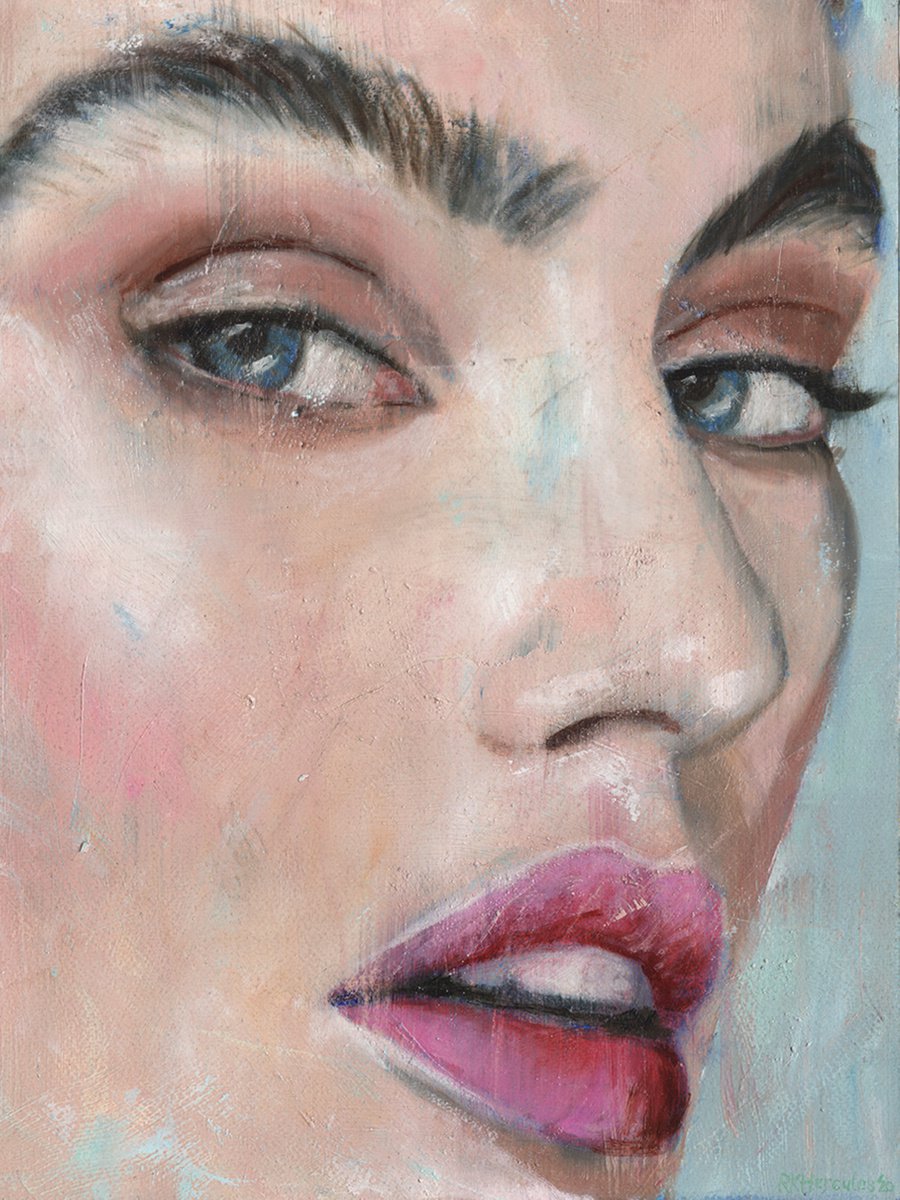 pink lips woman female portrait blue background oil on paper by Renske Karlien Hercules