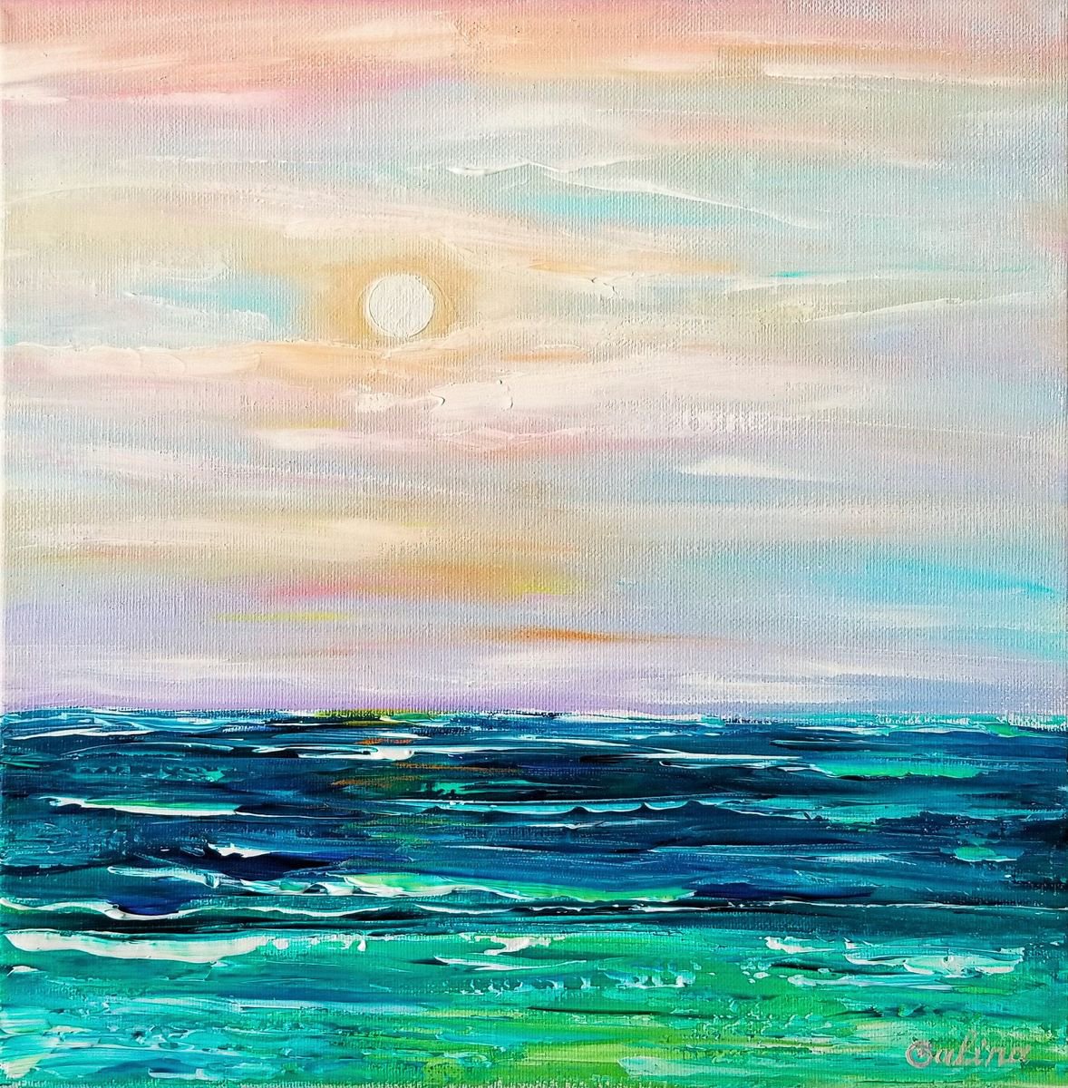 Abstract Landscape Acrylic Painting By Galina Victoria, 12 X 12, Late Afternoon By The Ocean, Original Artwork
