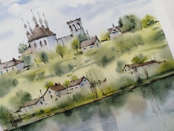 Countryside landscape . Old church painting