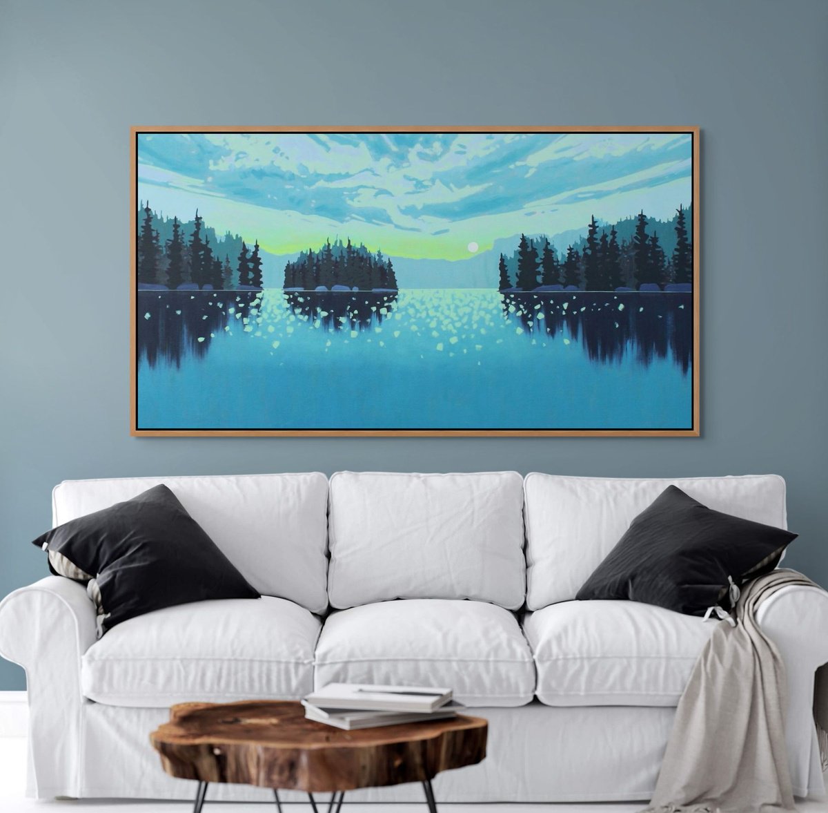 Illustrative Landscape Acrylic Painting By Sage Mountain Studio, 58 X 30", Morning In The Boreal - Silhouettes, Original Artwork