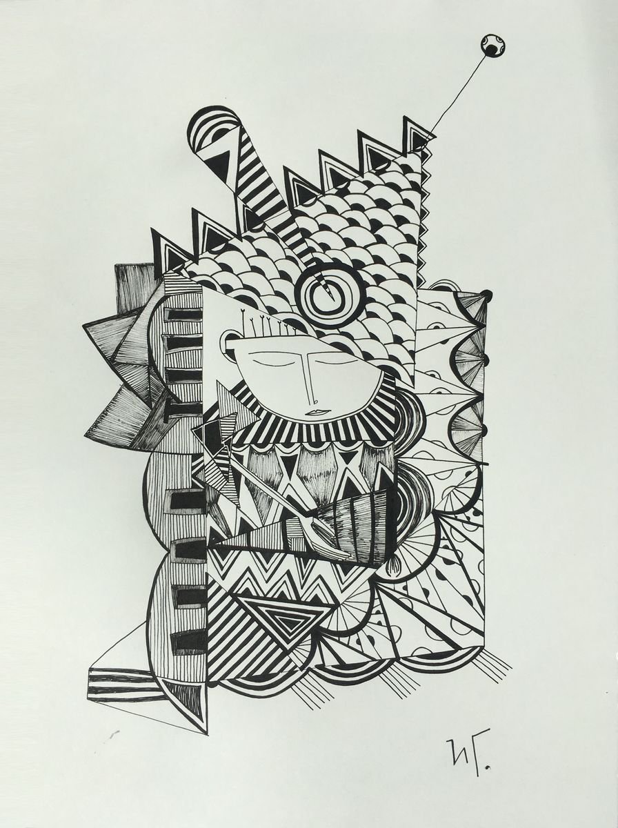 Naive Portrait Ink Drawing By Irina Goleva, 12 X 16, Universe Enhance, Original Artwork