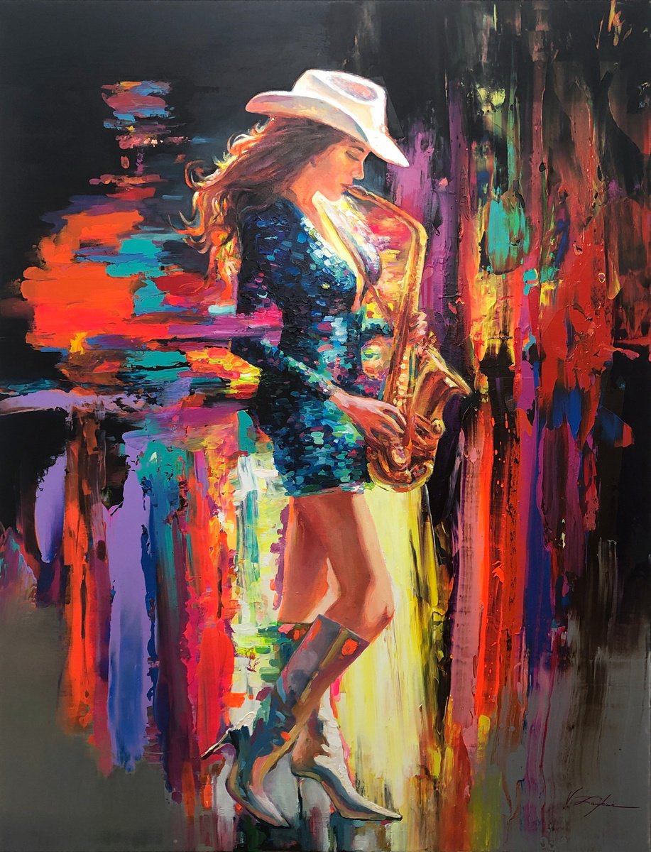 Expressive Portrait Acrylic Painting By Viacheslav Zaykin, 35 X 46", Colors Of Jazz | Pop Art Saxophone Portrait, Artfinder