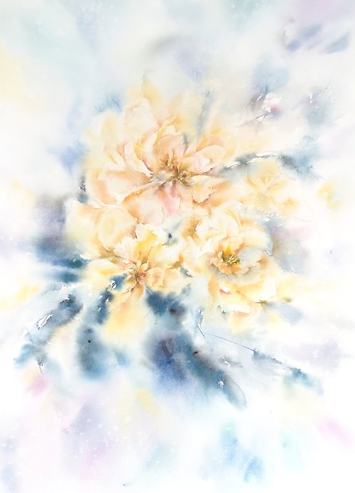 Yellow loose flowers, soft watercolor painting by Olga Grigo