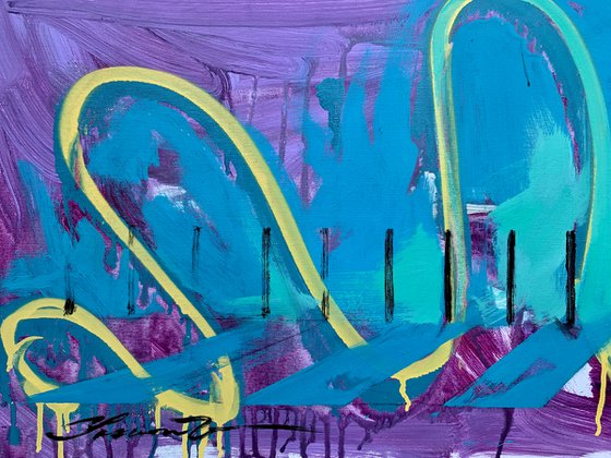 Purple horizontal painting - "Summer breeze" - Urban Art - Pop Art - Bicycle - Street Art