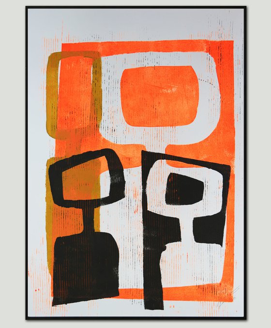 Abstract Family Portrait  - Art on paper - Neon Orange & Black - (A2-42cmx59,4cm) 06J