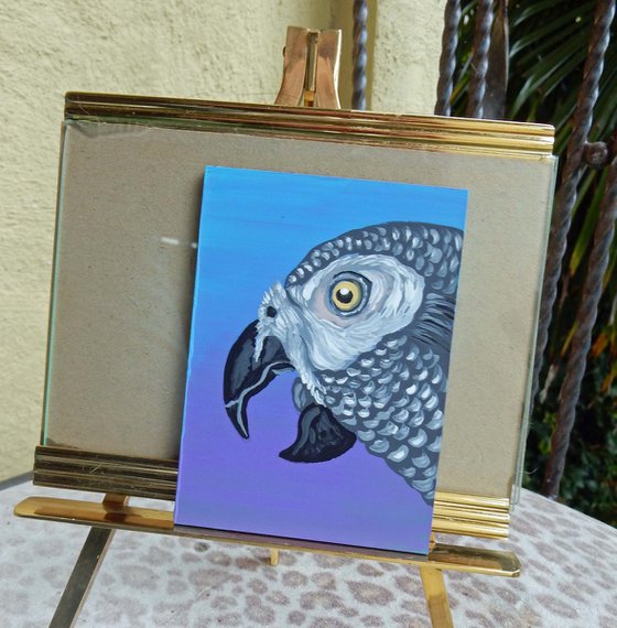 ACEO ATC Original Miniature Clayboard Painting African Grey Gray Parrot Bird Art-Carla Smale