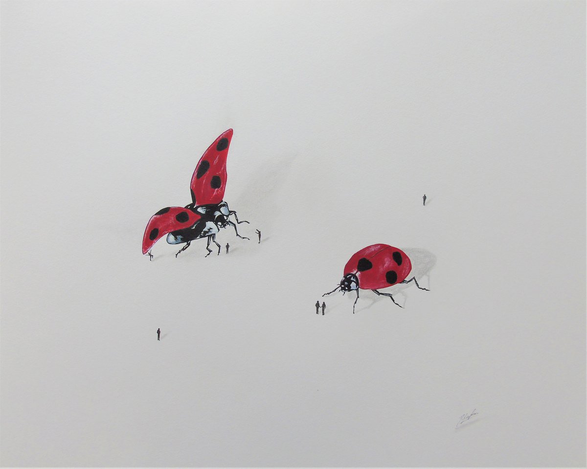 Urban And Pop Animal Acrylic Painting By Daniel Shipton, 20 X 16, Ladybirds And People, Original Artwork