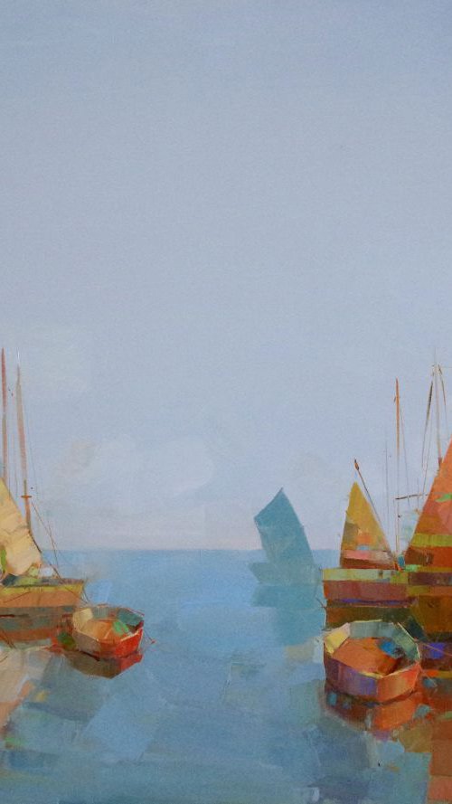 Sail Boats- Harbor, Contemporary art,  Handmade oil painting Original artwork One of a kind by Vahe Yeremyan