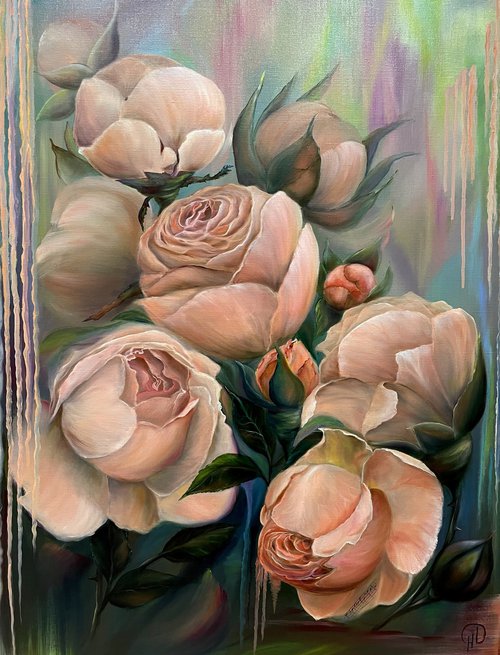 Pink powder, oil painting, original gift, home decor, Flowering, Spring, Leaves, Pink roses, powdered roses, picture with delicate flowers,Living Room,  flower picture by Natalie Demina