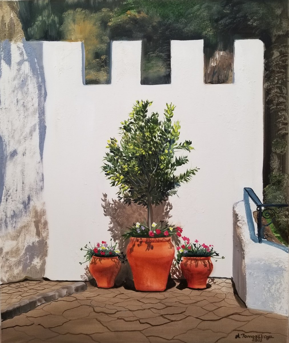 Spain Street Wall With Potted Flowers. Guadalest Castle, Spain. by Alexandra Tomorskaya/Caramel Art Gallery