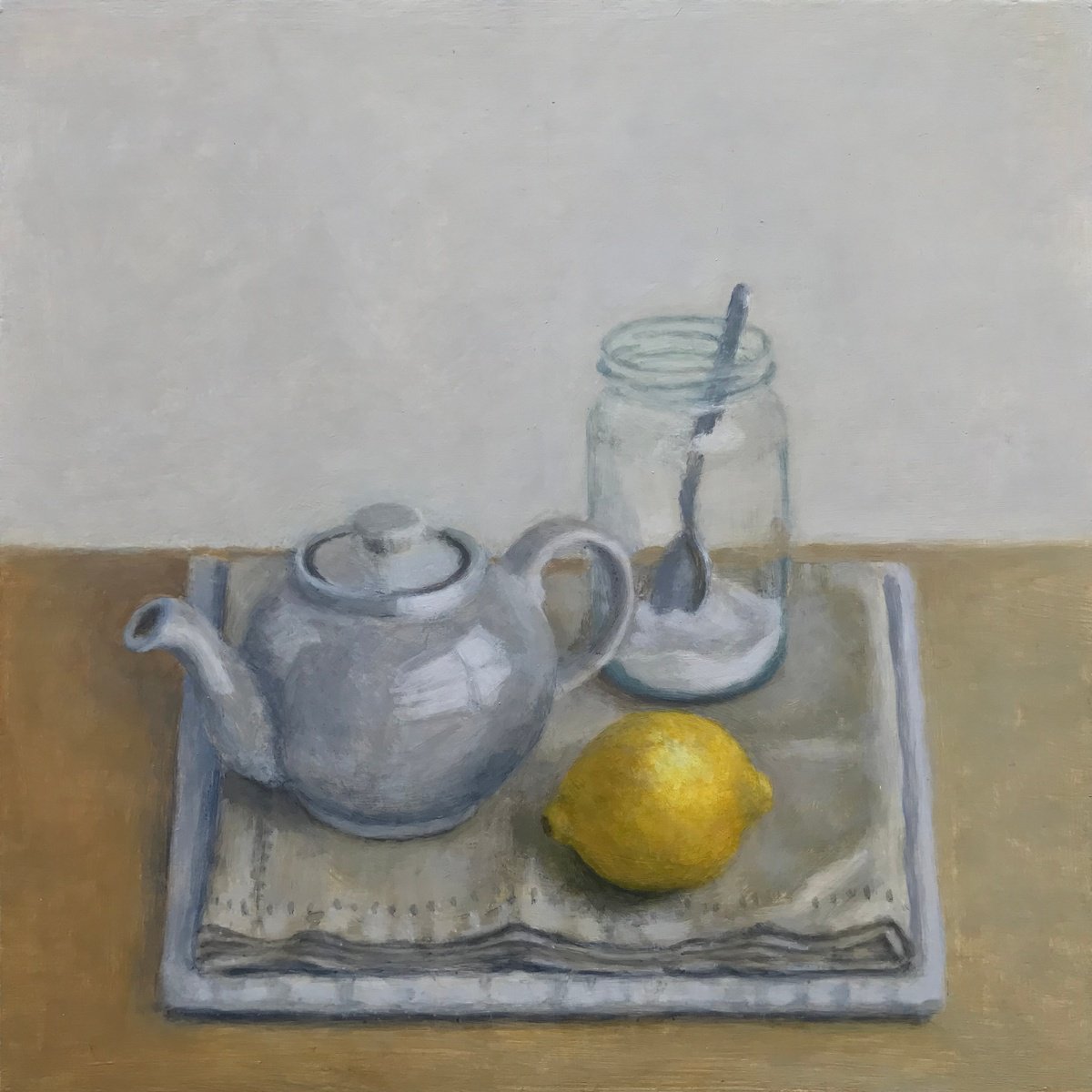 Impressionistic Still Life Acrylic Painting By Hugo Lines, 16 X 16, Teapot And Lemon, Original Artwork