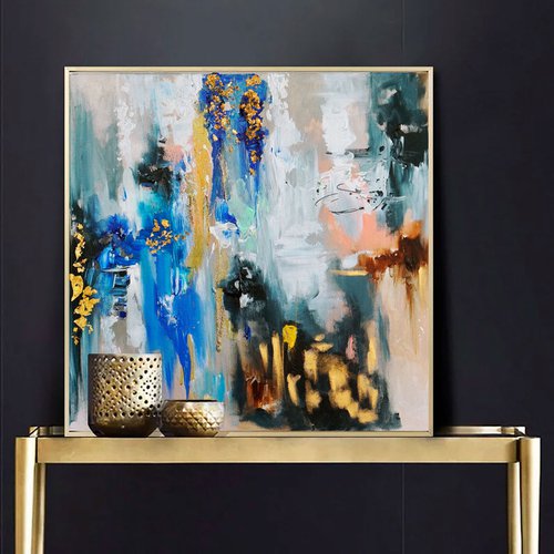Abstract blue painting with Gold Foil Accents by Annet Loginova