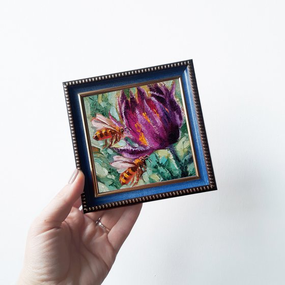 Bee oil painting original flower on canvas, Bee artwork small framed art, Anniversary gift mini painting 4x4