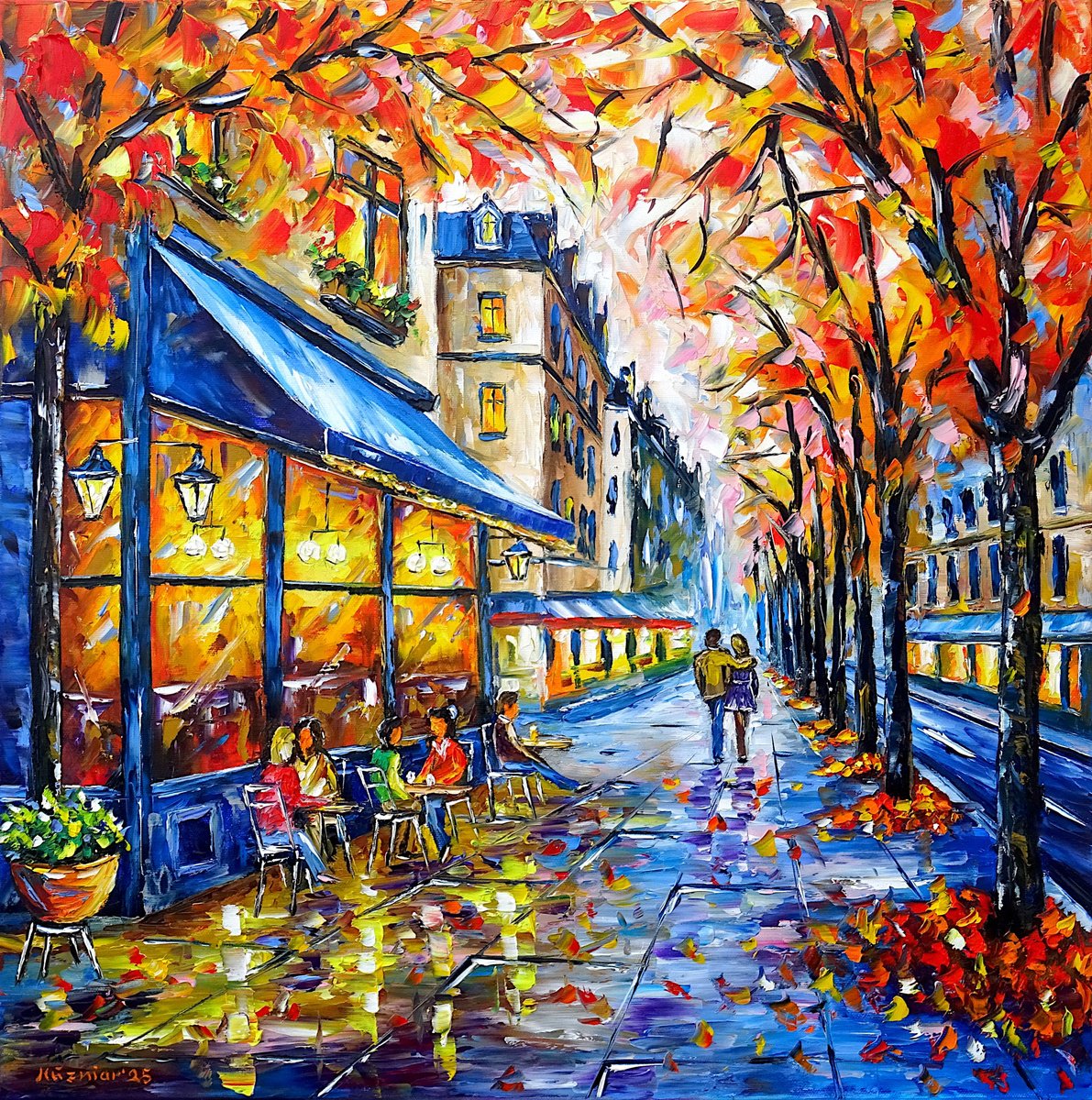 Expressive Cityscapes Oil Painting By Mirek Kuzniar, 24 X 24", In The Autumn Streets Of The City, Original Artwork