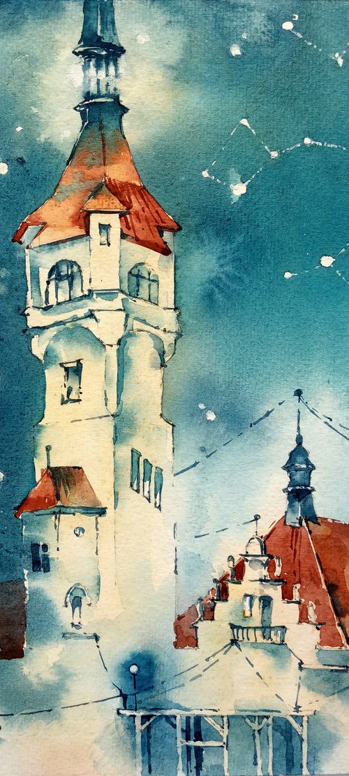 "Roofs of the Evening City" original watercolor fairy tale by Ksenia Selianko