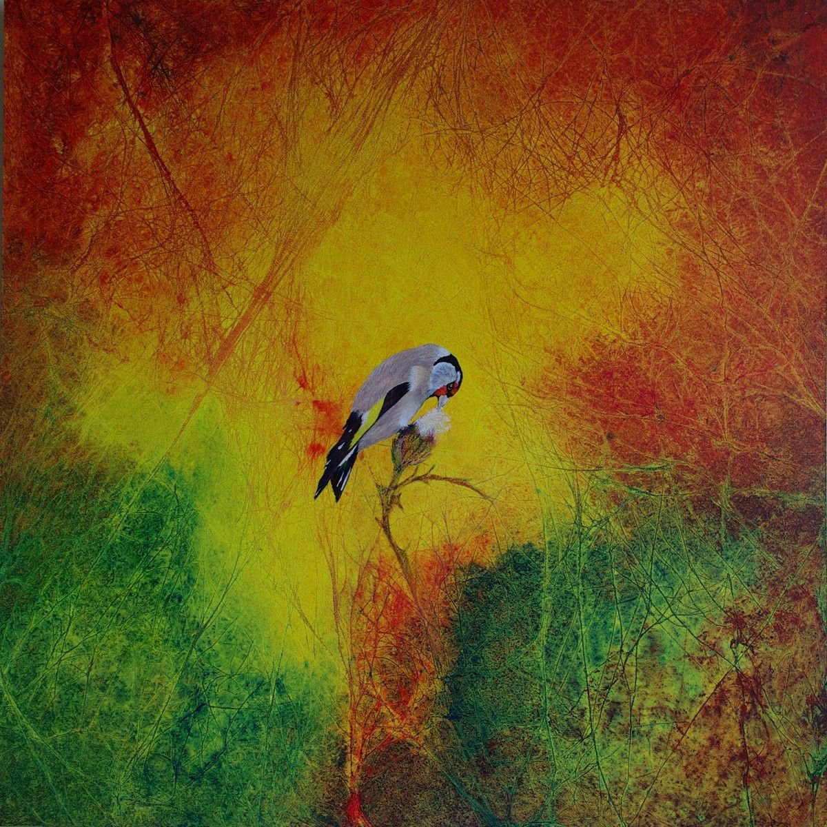 Goldfinch, a colurful bird painting with abstract background by oconnart