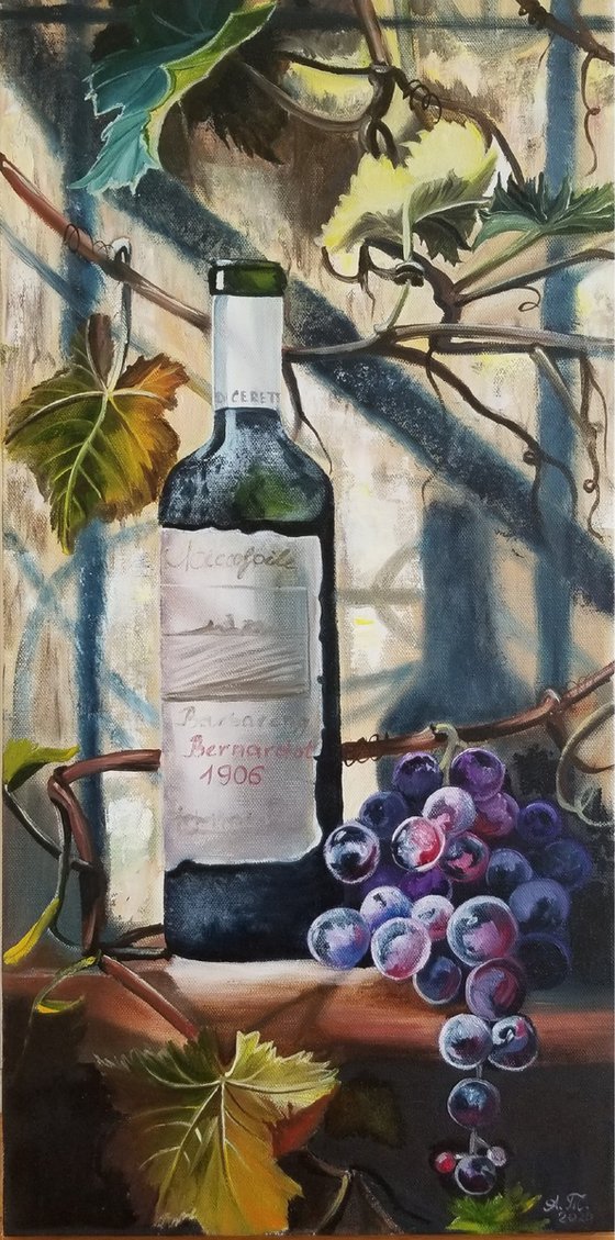 Wine, grapes, grapevine and Italian sun. Original Oil Painting on Canvas. Italian Still life. Italian Landscape Room accent. Summer painting.