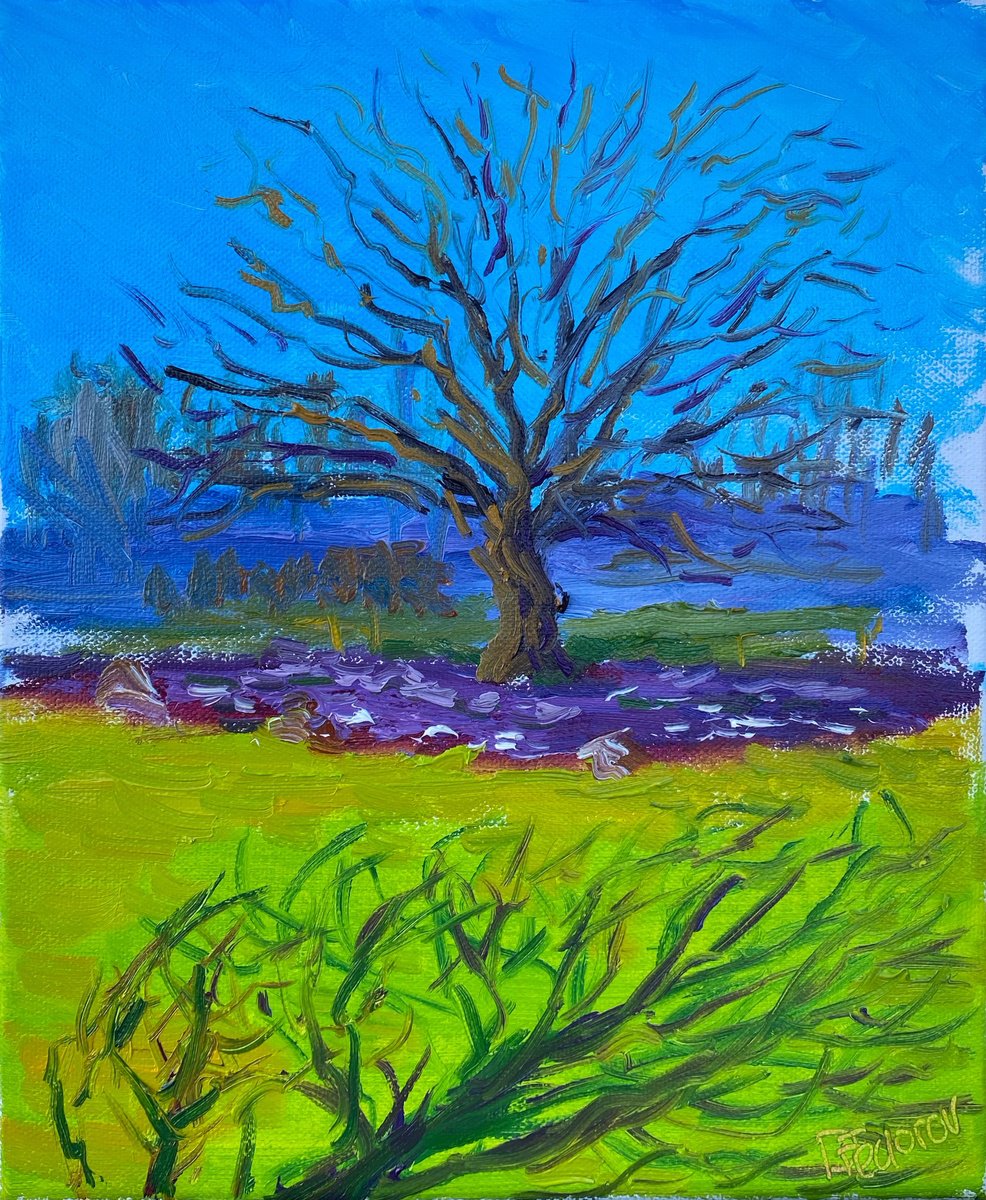 Impressionistic Landscape Oil Painting By Dmitry Fedorov, 10 X 12, Spring Flowers Under The Tree, Original Artwork