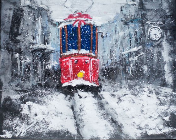 Snow in Istanbul. Red tramway city urban landscape original pastel drawing snow winter romantic magic Christmas new year