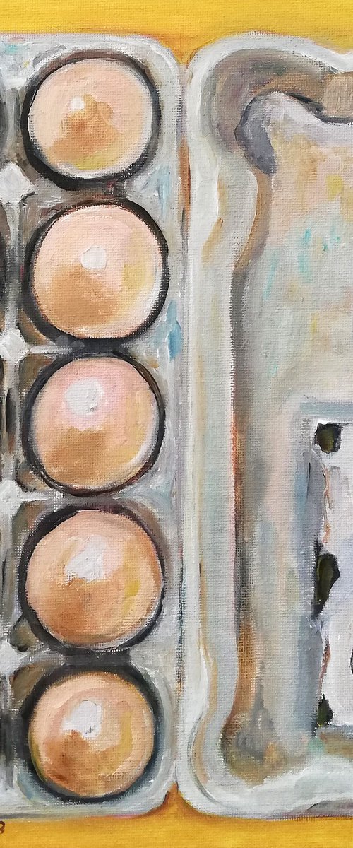 "Eggs in a Carton" Original Oil on Canvas Board Painting 12 by 12 inches (30x30 cm) by Katia Ricci