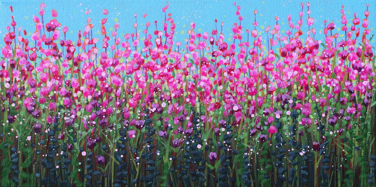 Impressionistic Botanical Acrylic Painting By Sage Mountain Studio, 36 X 18", Sunlight And Wildflowers, Original Artwork