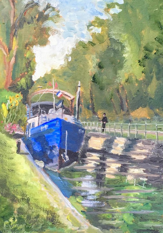 Houseboat on the Canale Centrale in Burgundy. Original oil painting