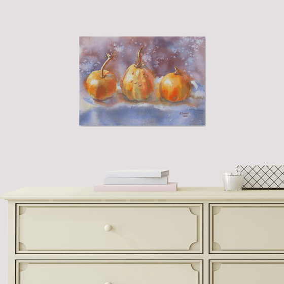 Three pumpkins. Winter Painting